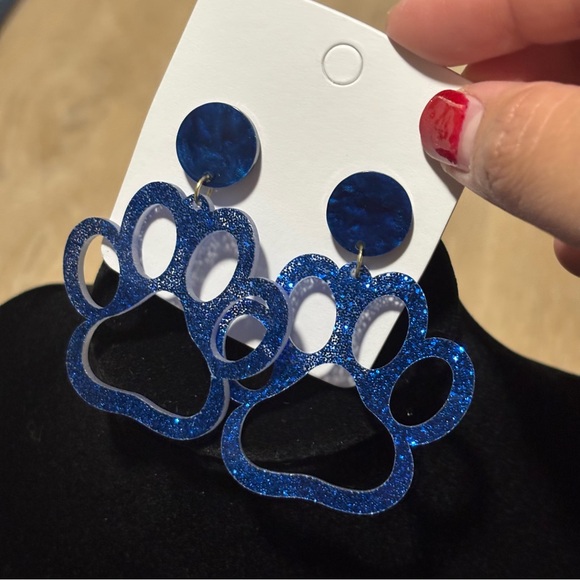 Cute Resin Cat Paw Stud Dangle Glitter Hook Earrings - Kitty Paw Earring BLUE - Picture 4 of 7